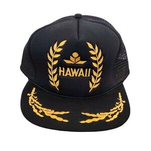Vintage Hawaii Snapback Trucker Hat Black Cap Mesh Foam Rope Gold Leaf